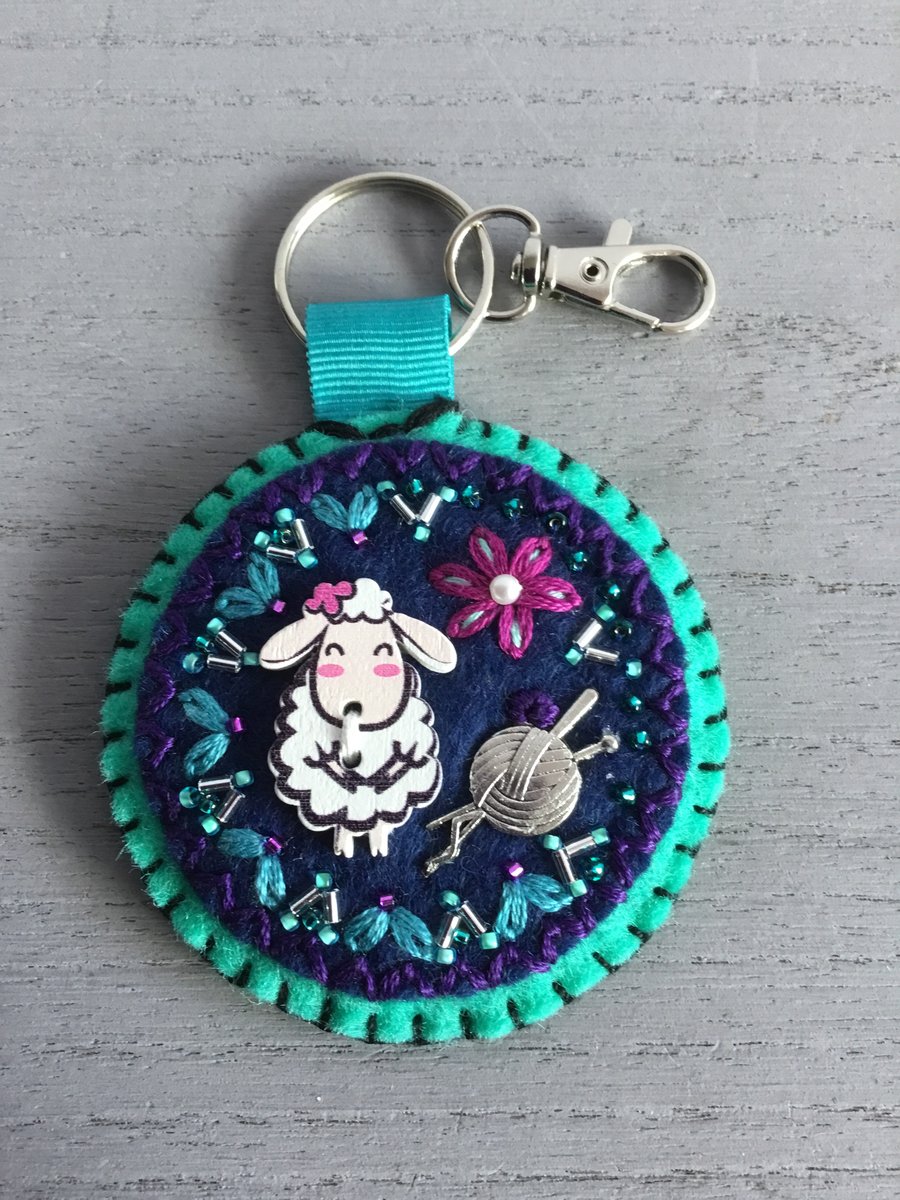 Hand Embroidered Sheep Knit Bag Charm or Key ring 