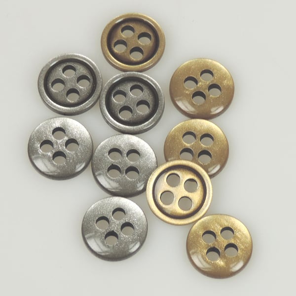 5 x 15mm Metallic Glittery Round Plastic Buttons, Gold or Silver