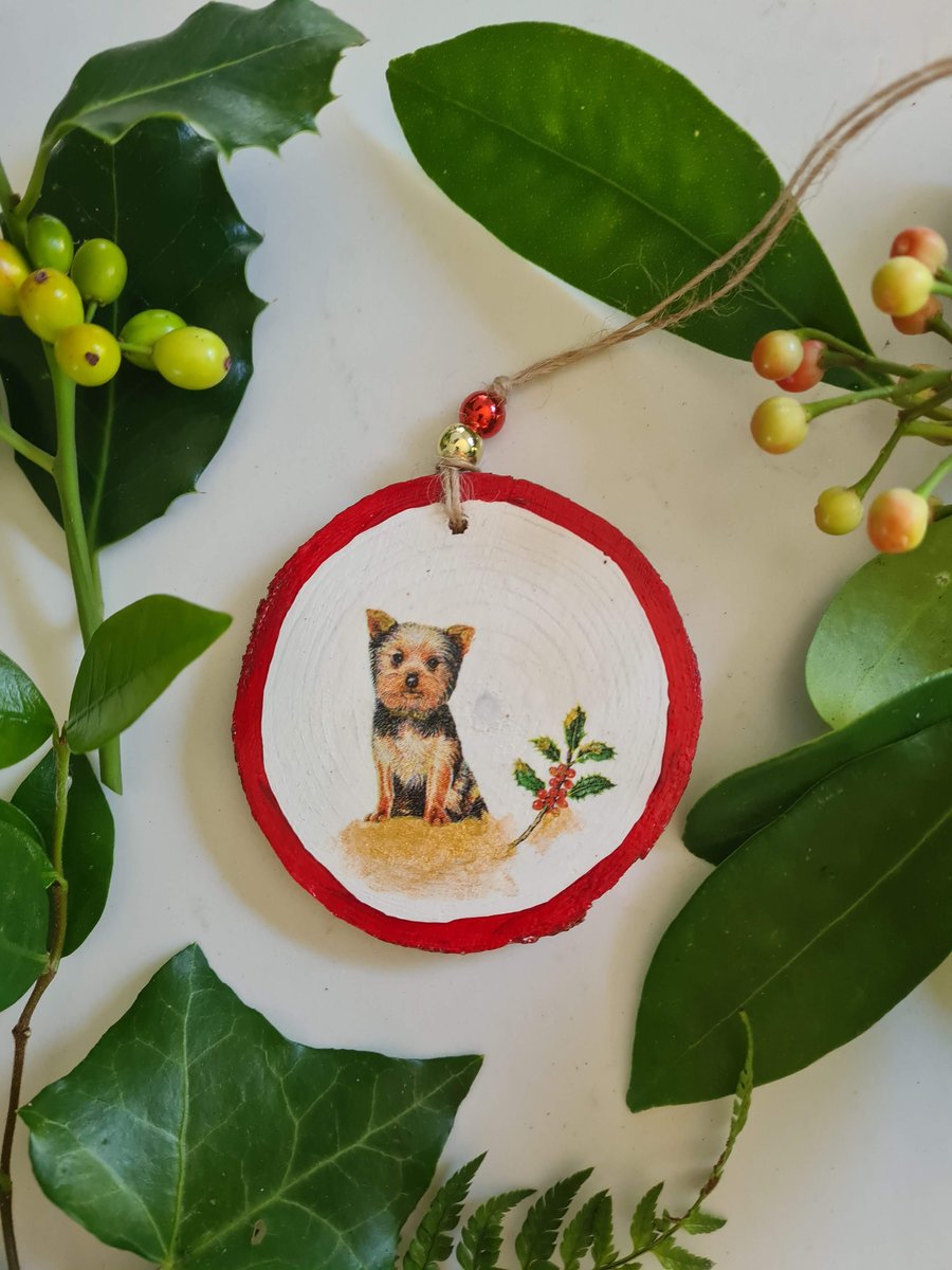 Christmas decoration yorkshire terrier dog wood slice hanging decoration