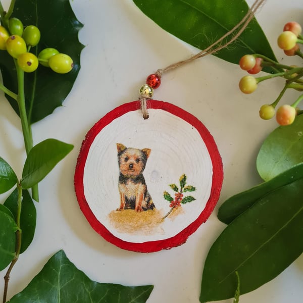 Christmas decoration yorkshire terrier dog wood slice hanging decoration