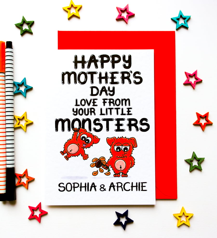 Personalised Cute Mother's Day Card From Your Little Monsters, Children, Kids