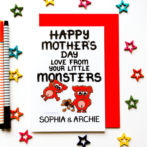 Personalised Cute Mother's Day Card From Your Little Monsters, Children, Kids