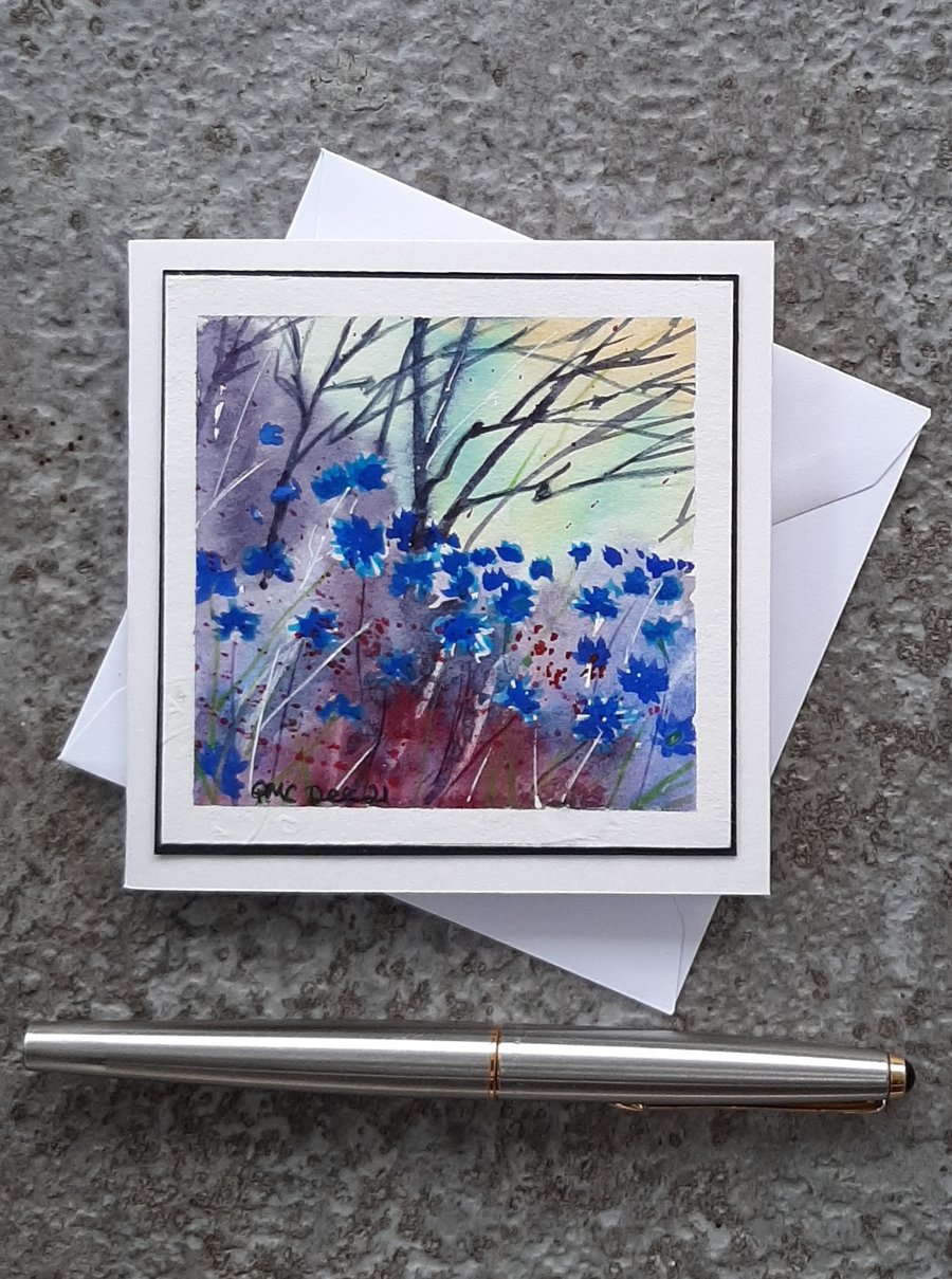 Cornflowers. Mini Blank Card. Handpainted Watercolour