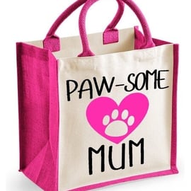 Paw-some Mum Midi Jute Shopper Lunch Bag Mothers Day Birthday Christmas 