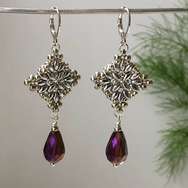Silver & Purple Beadwork Dangle Earrings. Bead Woven Drop Earrings