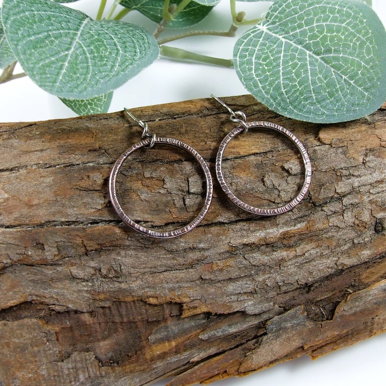 Copper Hoop Earrings - Textured Antiqued Finish with Silver Ear Wires