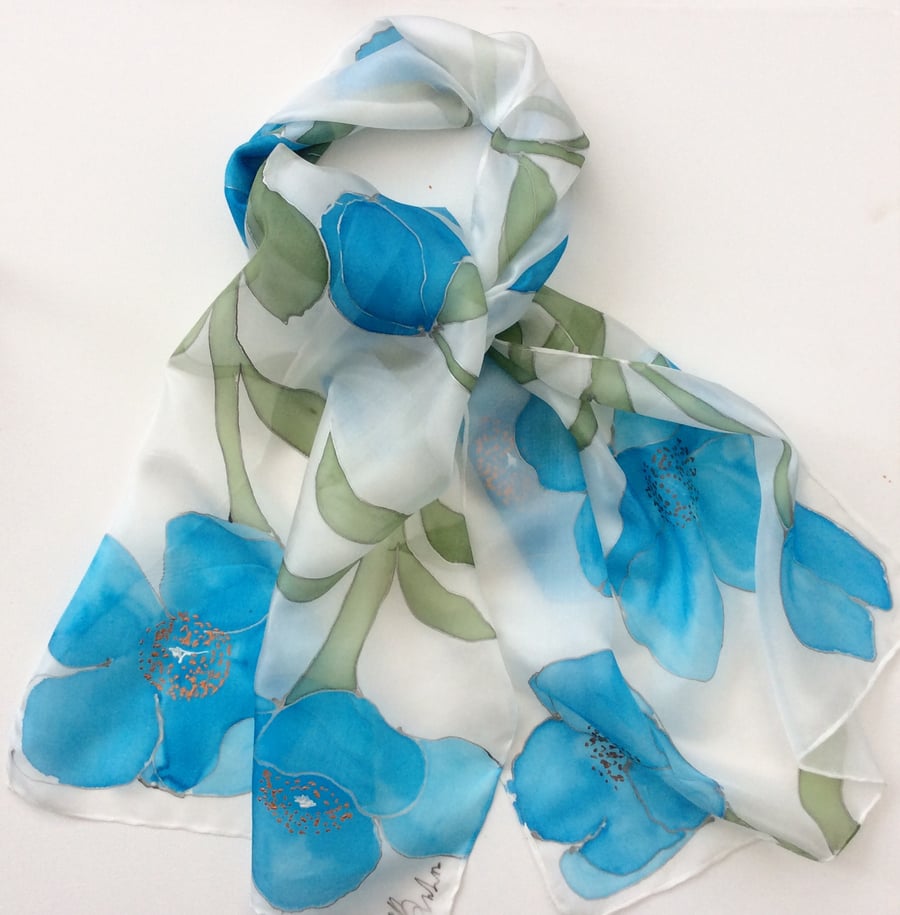 Himalayan Poppy hand painted silk scarf