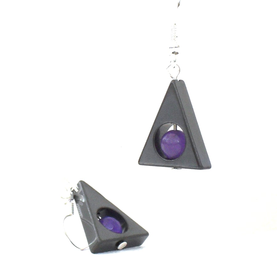 Triangular hematite & purple alexandrite handmade earrings