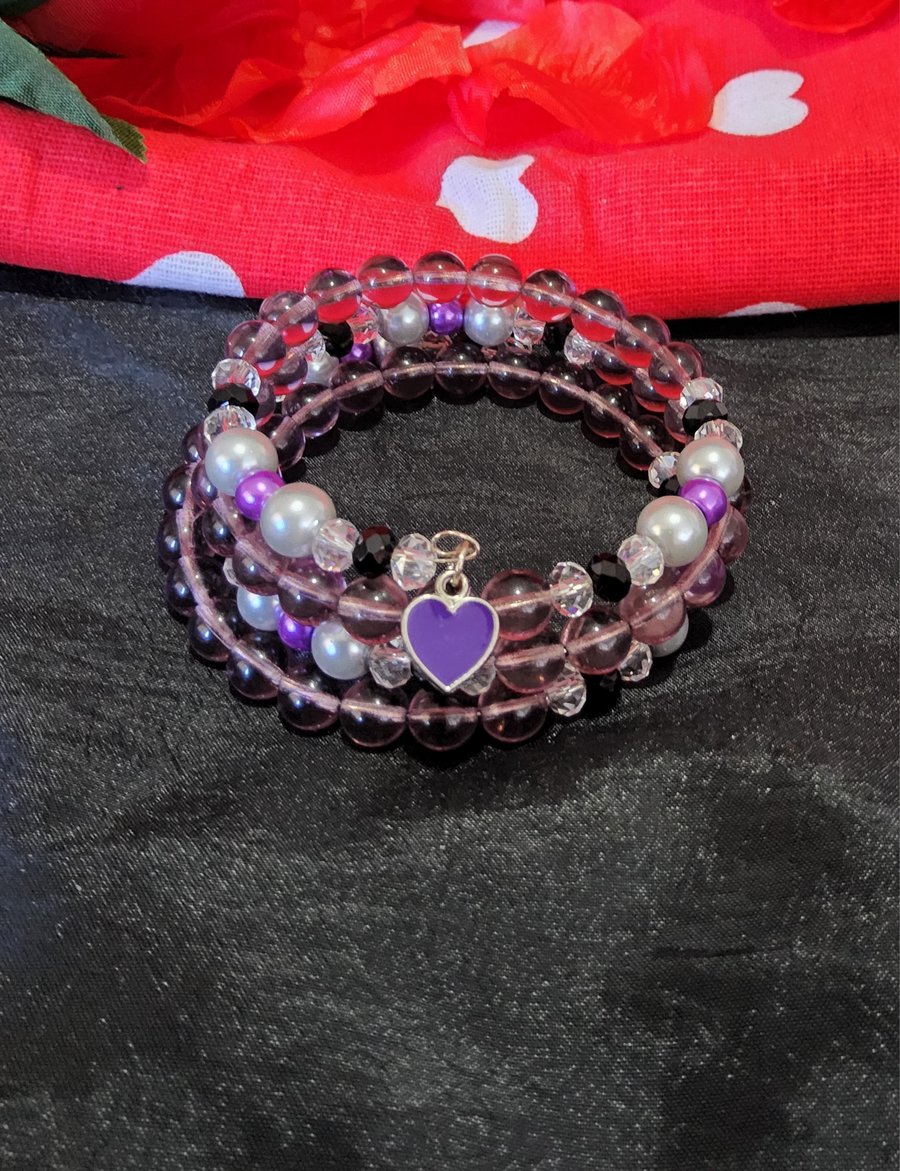 Valentines Memory Wire Bracelet - Purple, Black and White