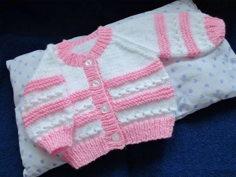 14" White & Pink Newborn Cardigan