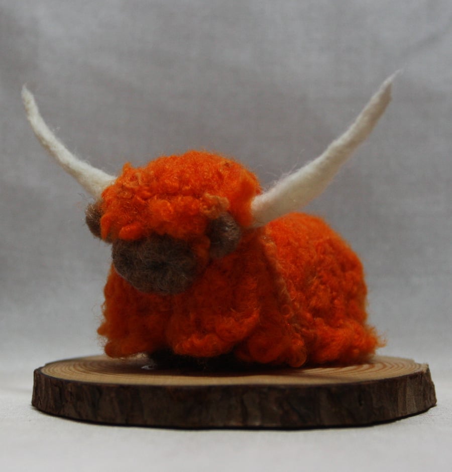 Wee Moo Coo - needle felted highland cow sculpture in orange