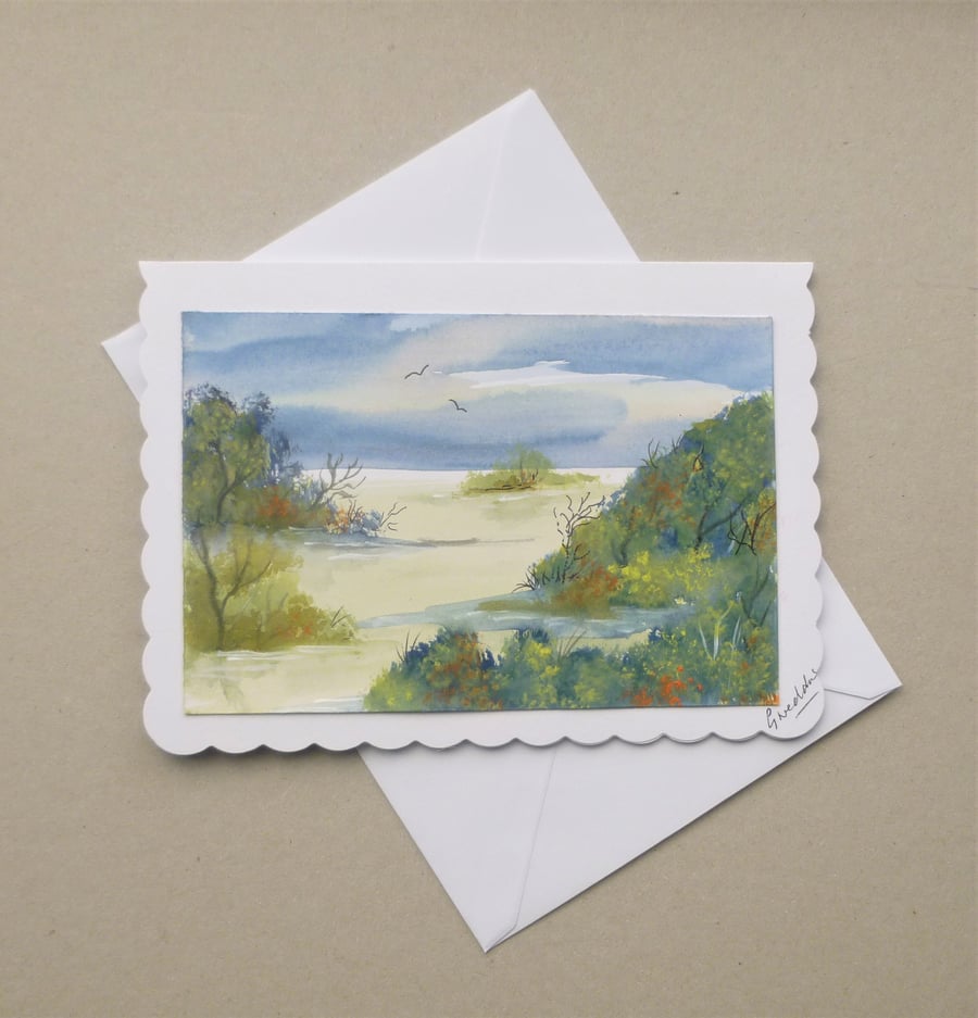 hand painted watercolour landscape blank card ( ref F 668 B6)