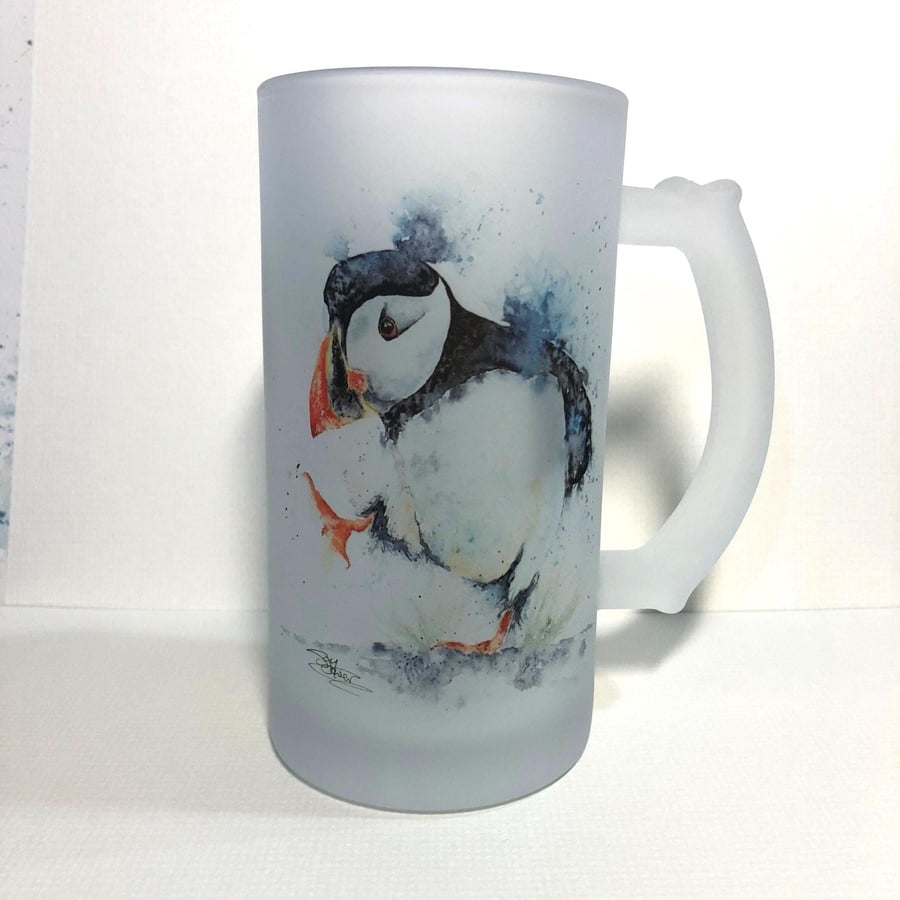 Puffin Watercolour, Frosted Glass Tankard, Beer Stein, 500ml Drinks Glass.