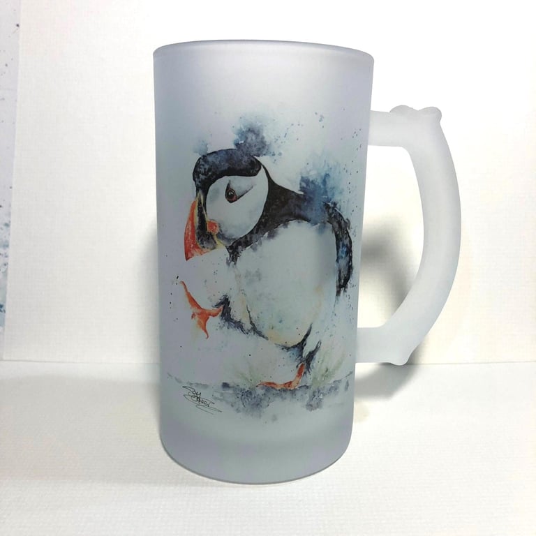 Puffin Watercolour, Frosted Glass Tankard, Beer Stein, 500ml Drinks Glass.