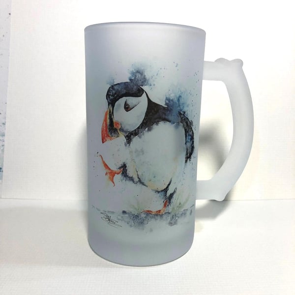 Puffin Watercolour, Frosted Glass Tankard, Beer Stein, 500ml Drinks Glass.