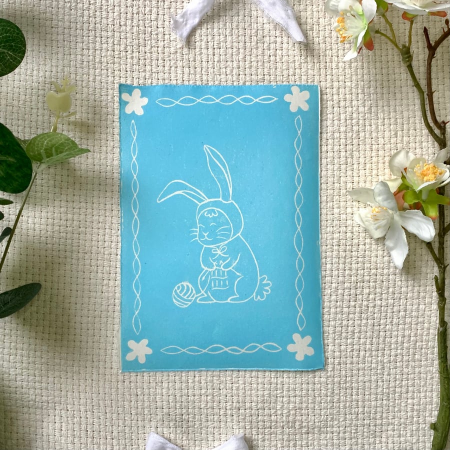 Knitting Bunny Lino Print