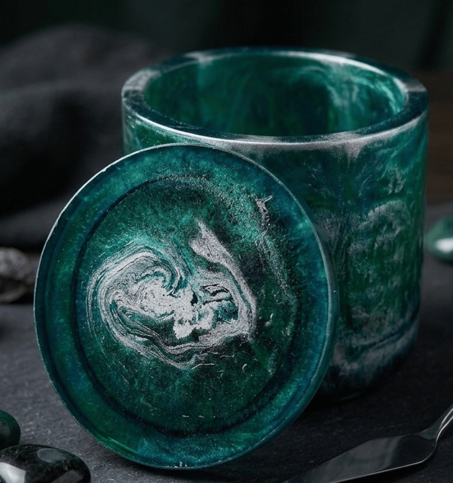 Handmade marbled epoxy resin decorative pot with lid.