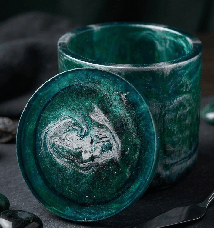 Handmade marbled epoxy resin decorative pot with lid.