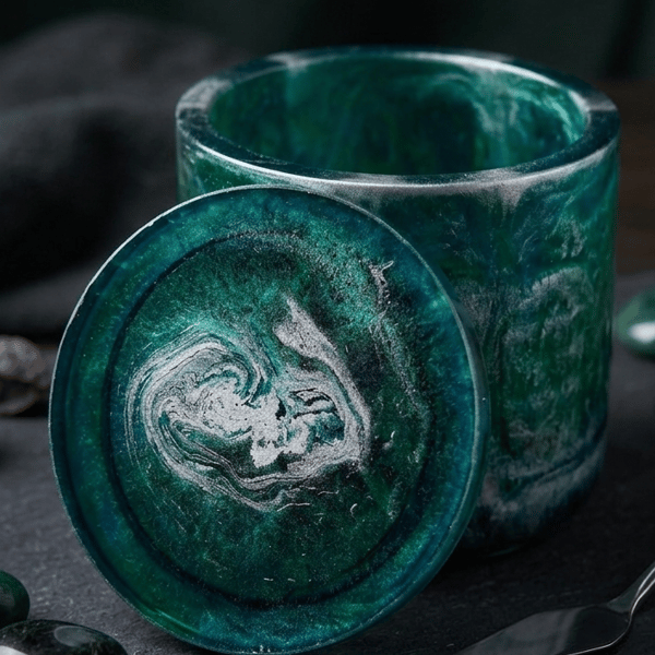 Handmade marbled epoxy resin decorative pot with lid.