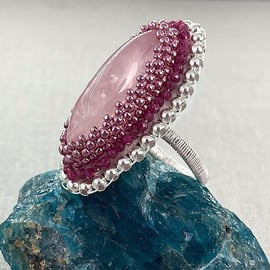 Rose Quartz & Ruby Sterling Silver Large Beaded Marquis Cut Cocktail Ring Size P