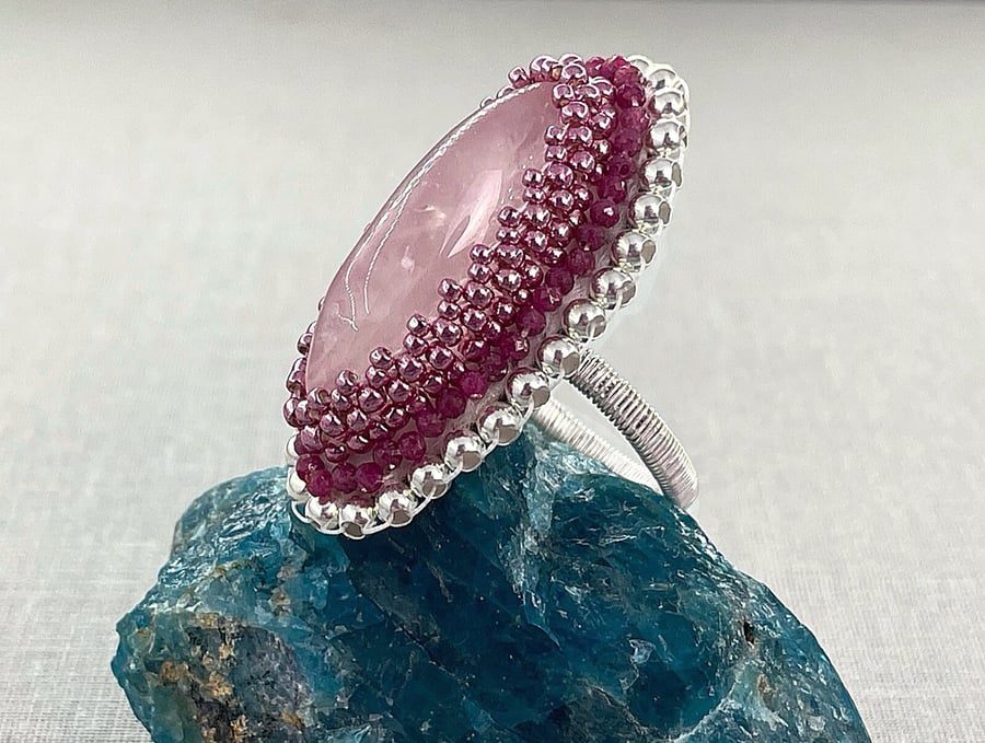 Rose Quartz & Ruby Sterling Silver Large Beaded Marquis Cut Cocktail Ring Size P