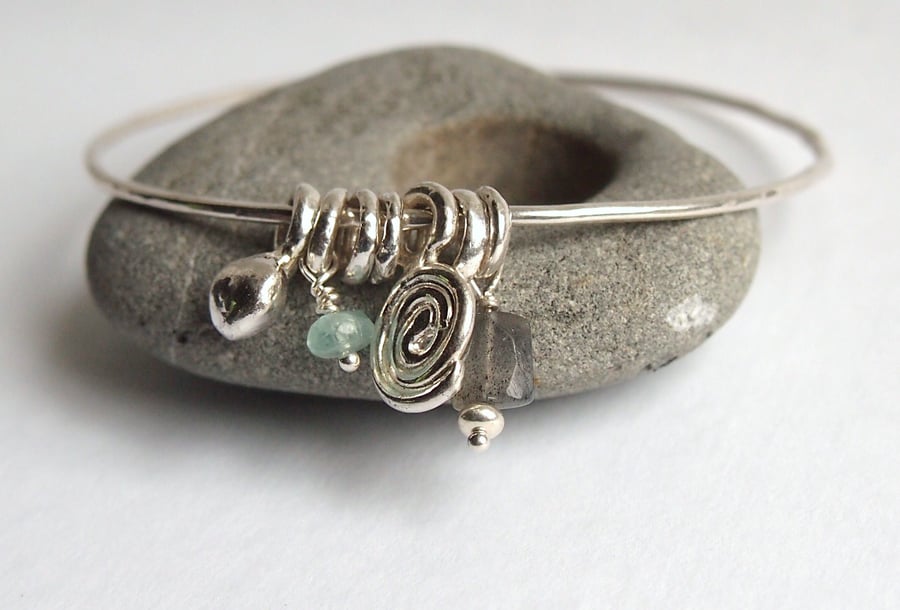 Sterling Silver Bangle with Hand Made Charms