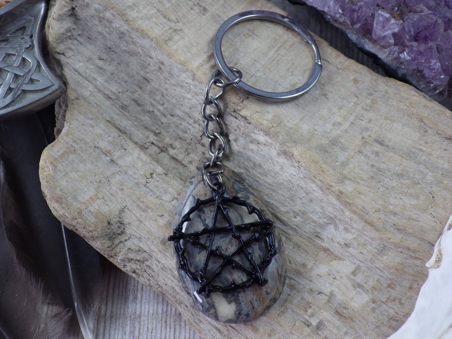 Gothic Pentagram Keychain, Gemstone Keyring, Gifts For Men