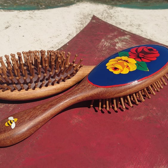 Hand painted Rose and Castle bamboo hairbrush 