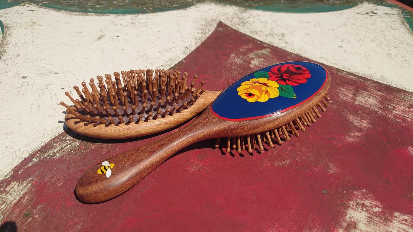 Hand painted Rose and Castle bamboo hairbrush 