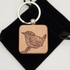 Bird keyring, wren pyrography wooden keyring, gift for bird lover