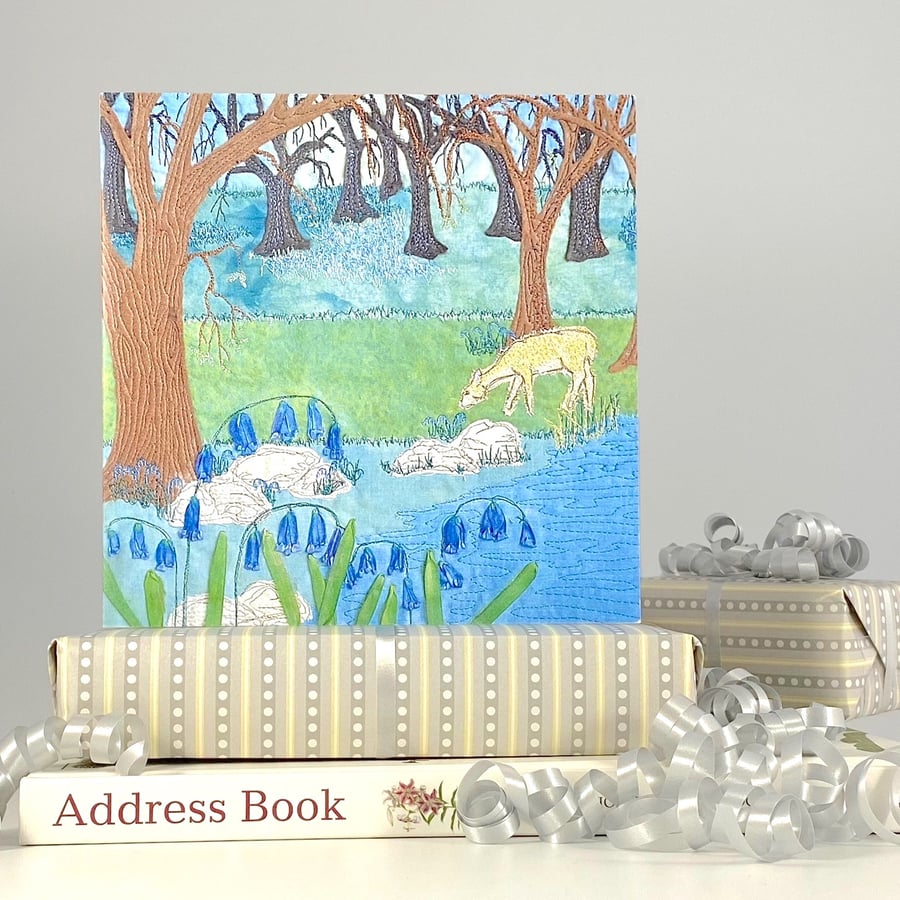 Birthday card - floral bluebell woodland and deer