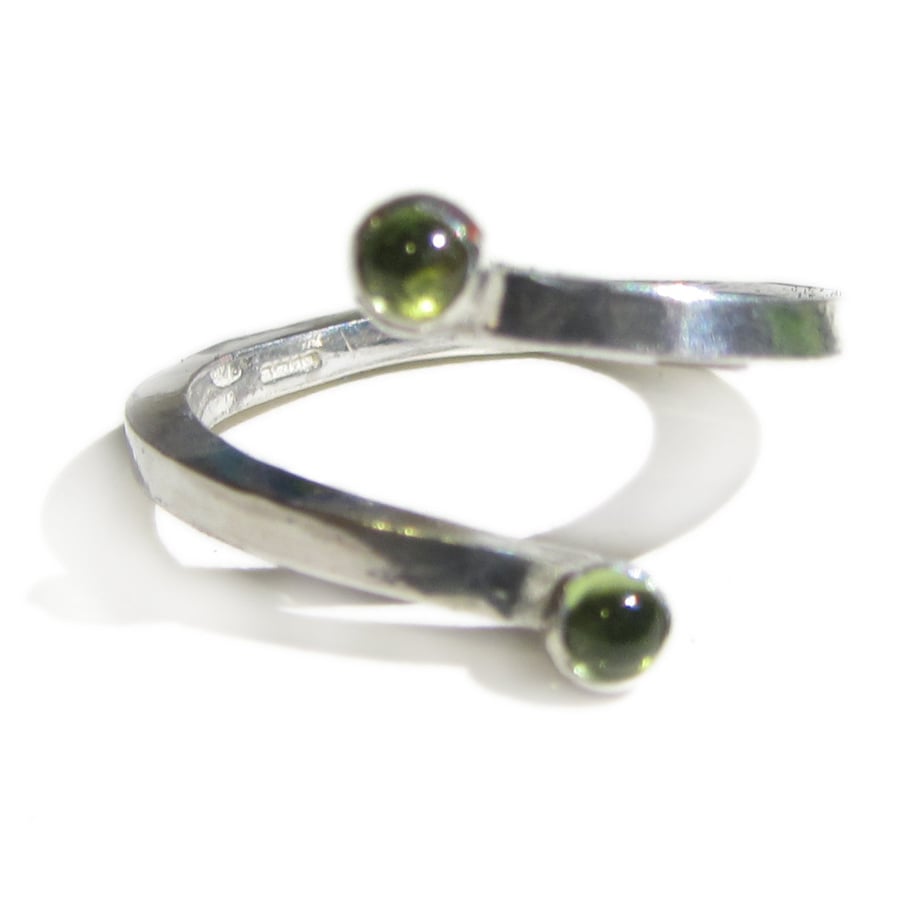 You and Me Sterling silver ring open ring with green peridot gemstones