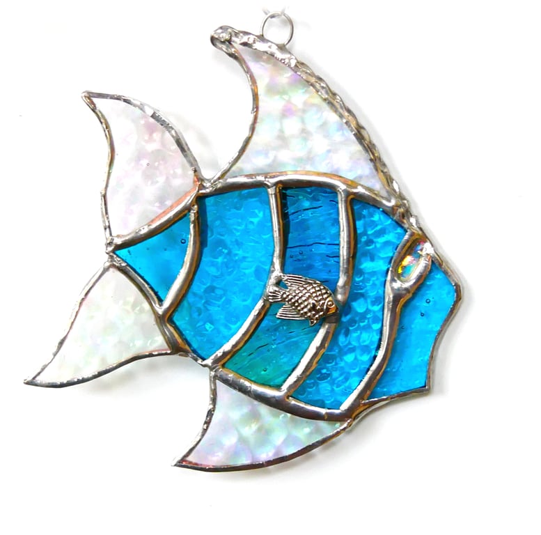 Tropical Fish Suncatcher Stained Glass Handmade Turquoise 035