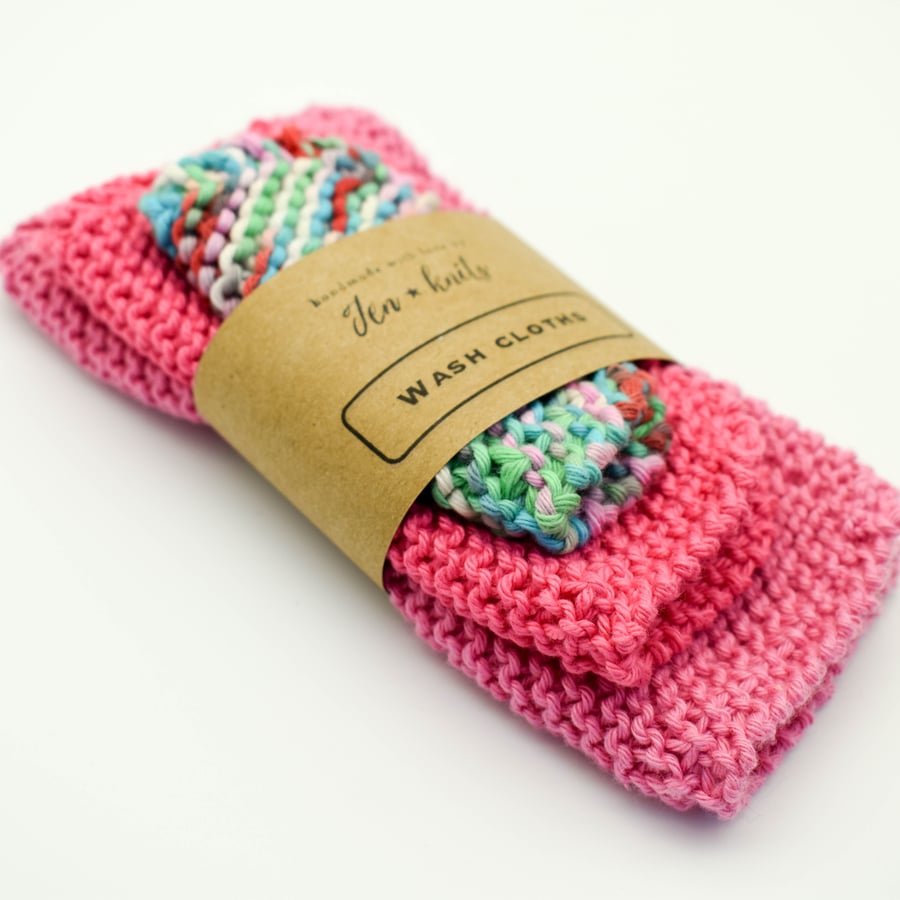 SOLD - Hand knitted cotton wash cloths - 3 pack - S, M & L- Pink and Multicolour