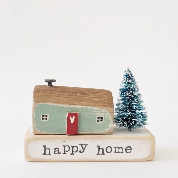 Little Wooden Handmade House in a Bag with Christmas Tree 'Happy Home' 