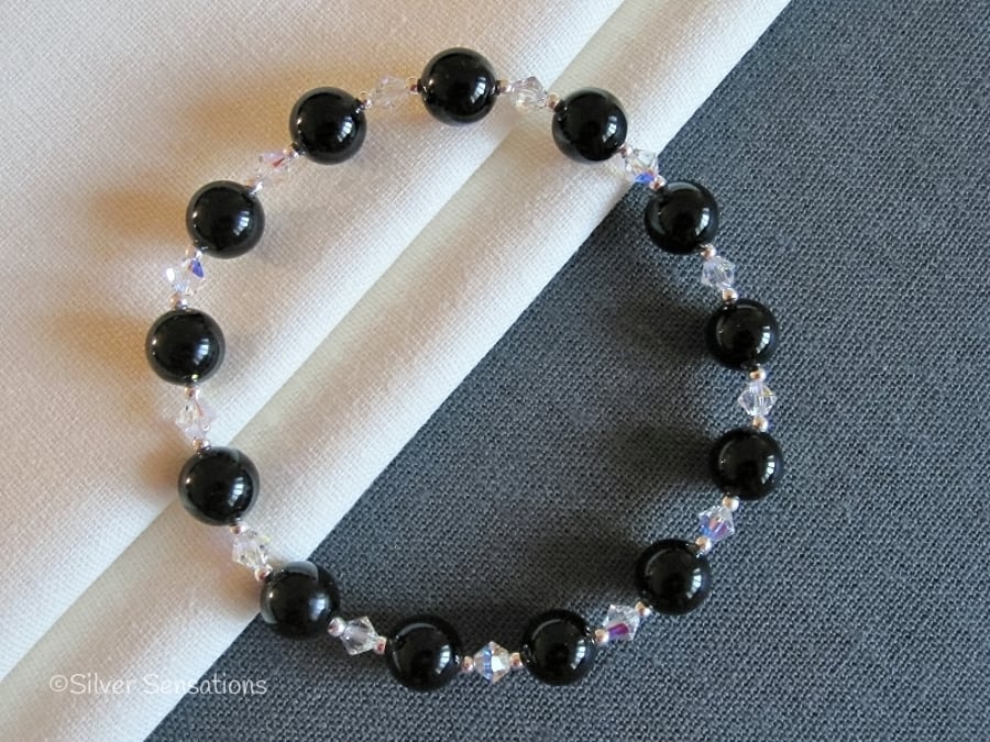 Black Onyx, Swarovski AB Rainbow Crystals & Sterling Silver Bracelet For Mum