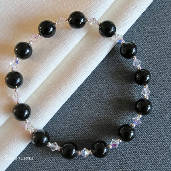 Black Onyx, Swarovski AB Rainbow Crystals & Sterling Silver Bracelet For Mum