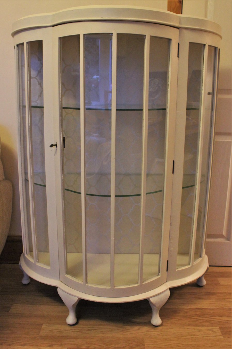 Repainted glass bow fronted cabinet