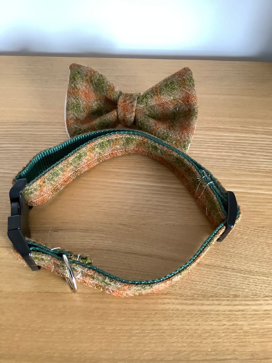 Tan, Green and Rust check Scottish Tweed Collar and bow tie Set,  