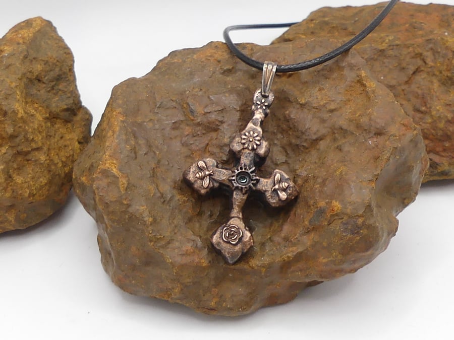 Recycled Copper Cross with Bees, Flowers and Sun Pendant, Garnet Gem Necklace.
