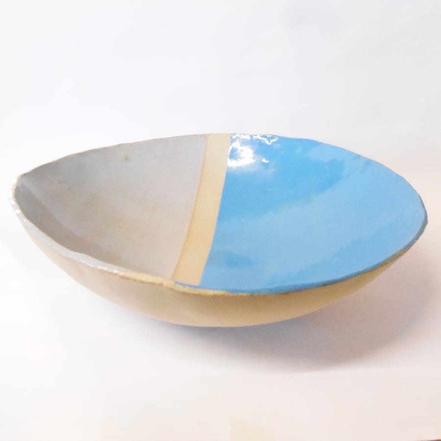 Platter, Centrepiece durable stoneware Grey and Blue striped, one off Item.