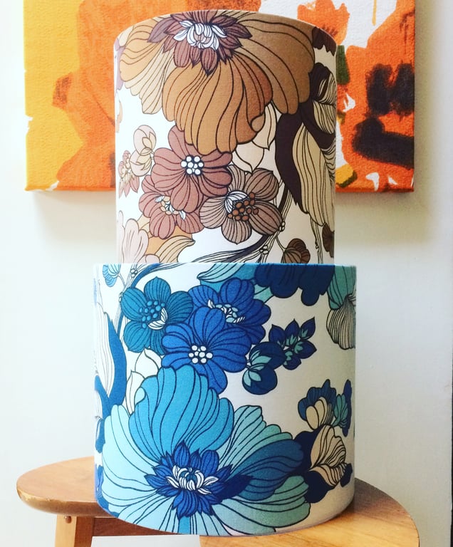 Funky 70s Blue Brown Tropica BIG BOLD Floral STORY Vintage Fabric Lampshade