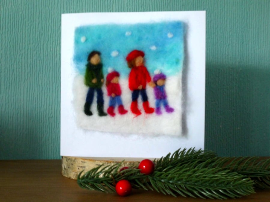 Needle felted Winter Walk christmas greetings card
