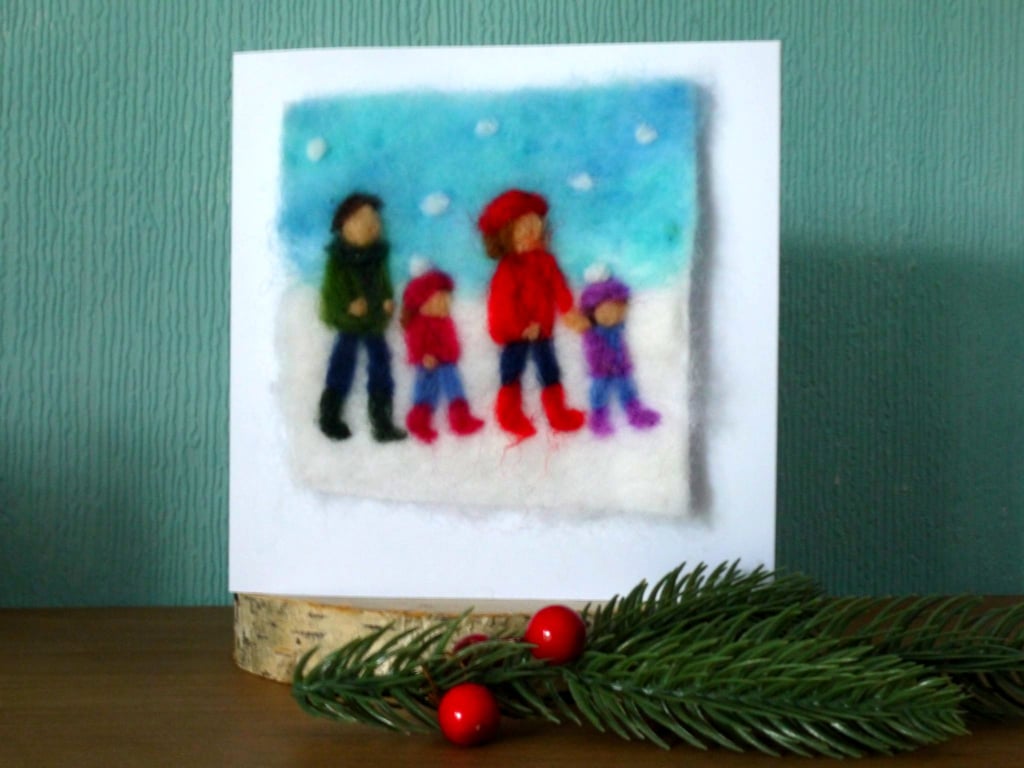 Needle felted Winter Walk christmas greetings card