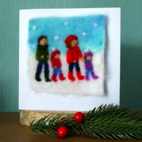 Needle felted Winter Walk christmas greetings card