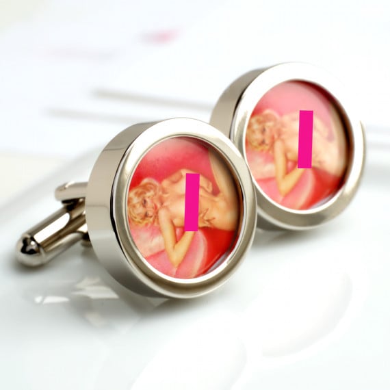 Erotic Vintage Pin Up Cufflinks of Naked Blonde Lounging on Red
