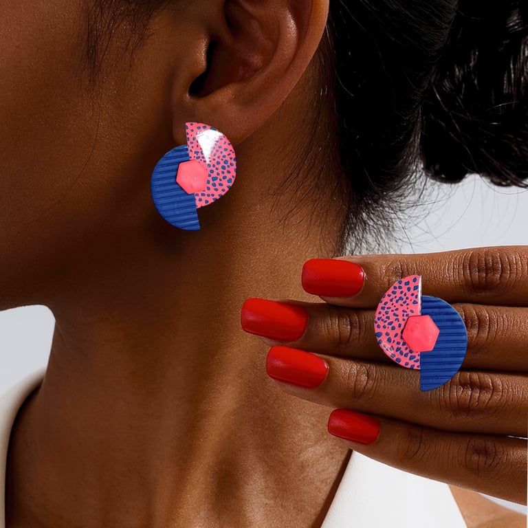 Coral Leopard Pattern Semi Circle Earrings Navy Textured Arches  Hexagon Stud