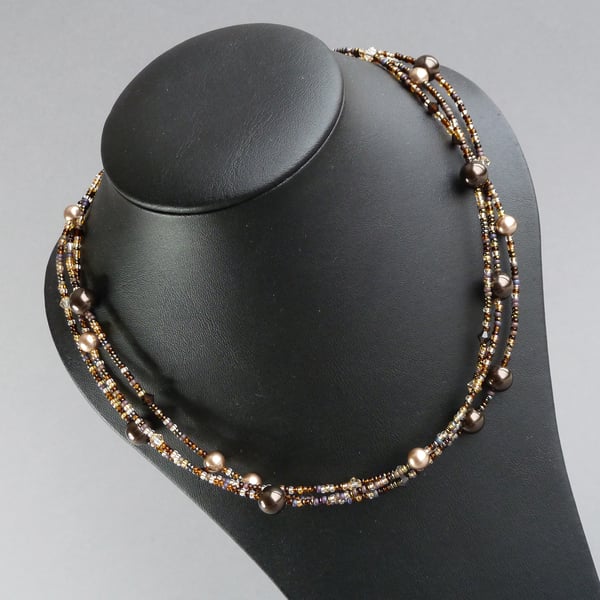 Deep Brown Multi Strand Necklace - Bronze and Gold Pearl and Crystal Jewellery