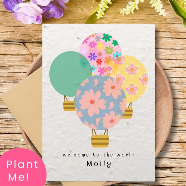 Personalised Plantable New Baby Card with Floral Hot Air Balloons, Handmade Card