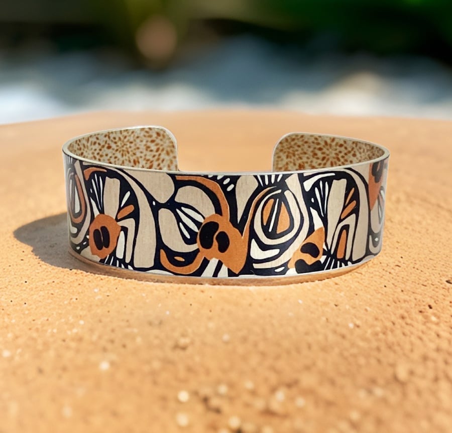 Tan black jewellery bangle, abstract cuff bracelet. Can be personalised (829A)